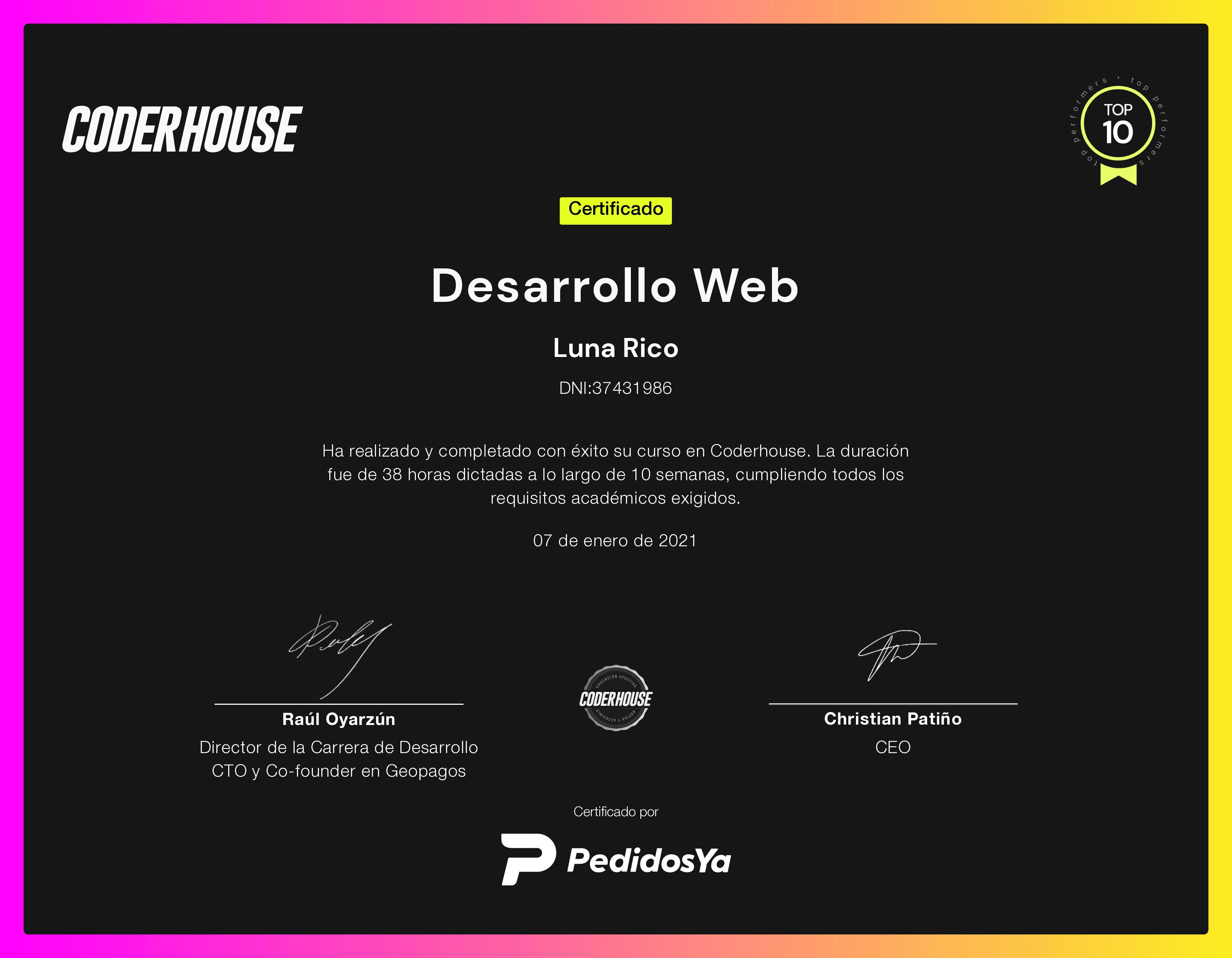 Certificado de la Curso de Desarrollo Web