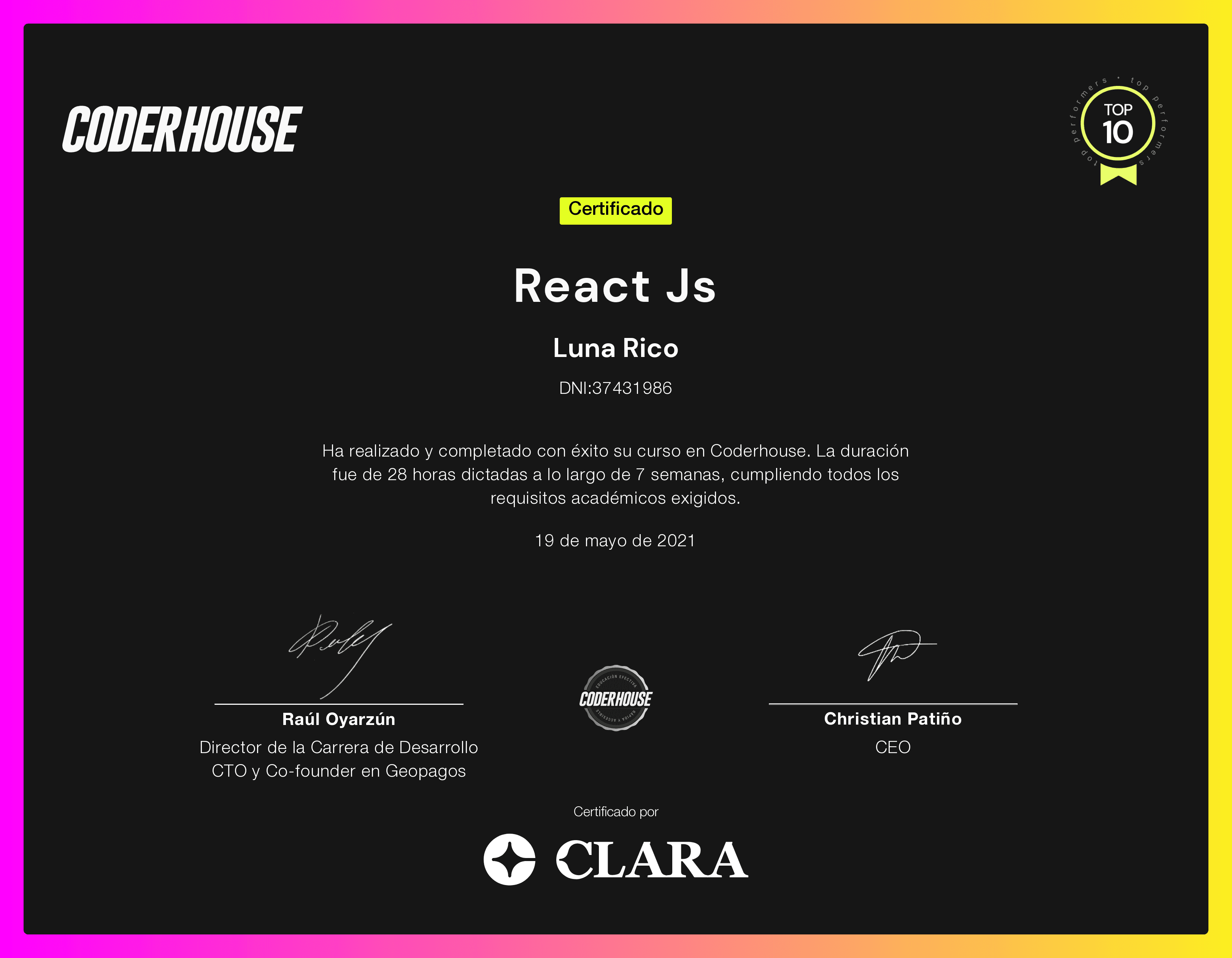 Certificado de la Curso de React.Js